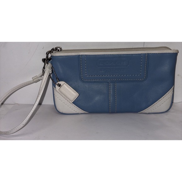 Vintage Coach Blue White Leather Zip Top Clutch Wristlet - Picture 1 of 4